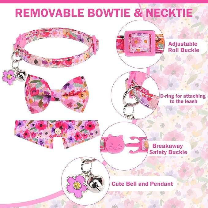 Cat Collar Breakaway with Bells, Pink Cat Bowtie Collar for Girl Cats, Small Cat Collar with Bow for Spring Summer, 2 Pack Soft Cute Floral Kitten Collar with Removable Shirt Collar 8-12Inch