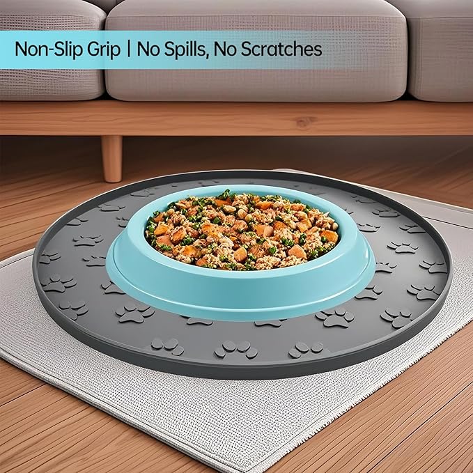 Silicone Dog Food Mat,Silicone Pet Food Mat Cat,Rubber for Dog Bowls Mats for Food and Water Bowl Feeding Round Paw Print（1 Pcs，Gray）