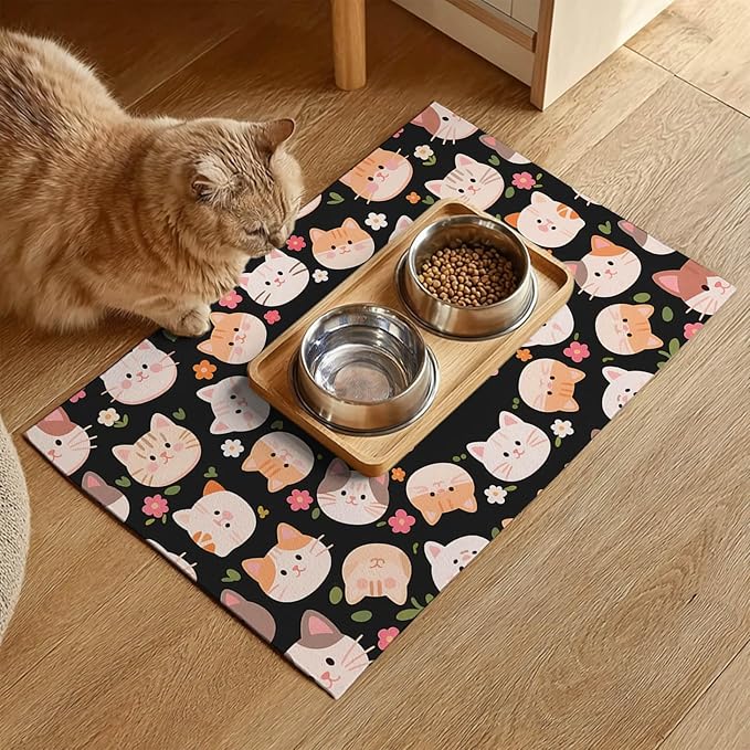 Cat Feeding Mat 24x16 inch Black Kitten Print Pet Bowl Placemat Non Slip Floor Mat for Food and Water Indoor Kitty Feeding Station Cute Meal Pad for Small Pets Kitchen Use