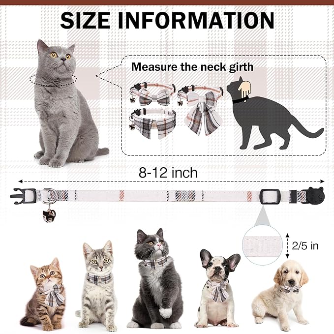 Cat Collar with Bells Breakaway, Bowtie Cat Collar for Boy Girl Cats with Removable Shirt Collar, Cute Plaid Kitten Collar with Bell & Pendant Adjustable, 3 Pack Beige Cat Collars