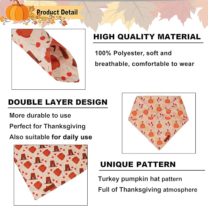 ADOGGYGO Thanksgiving Dog Bandanas 2 Pack, Reversible Turkey Pumpkin Pet Scarf Bib, Adjustable Fit Orange Thanksgiving Bandana for Small Dogs (Small)
