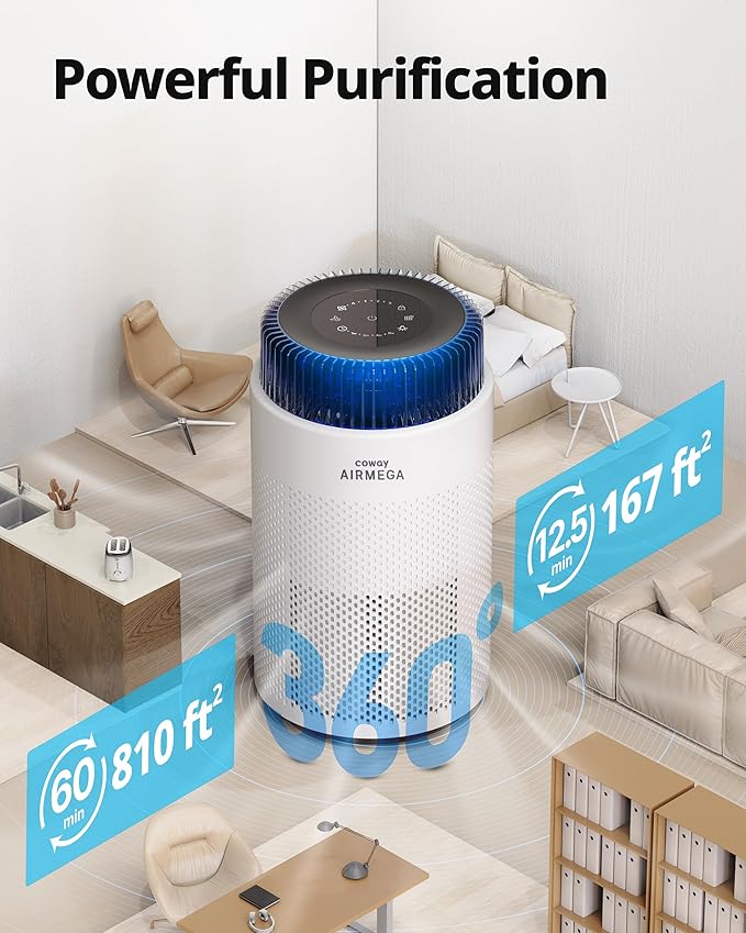 COWAY Air Purifiers for Home up to 810 ft², HEPA Filter and Carbon Filter for Smoke, Allergies, Pet Dander, Odor, AQI Monitor, Auto Mode, Timer, Filter Indicator, Night Light, 3yr Warranty, 100 White
