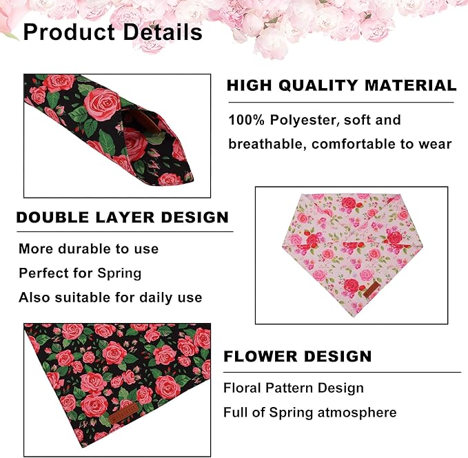 ADOGGYGO Floral Dog Bandana 2 Pack, Reversible Red Pink Rose Pet Scarf Bib, Adjustable Fit Cute Floral Bandanas for Extra Large Dogs Pets (X-Large)