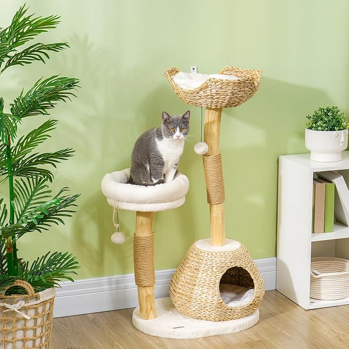PawHut Cat Tree for Indoor Cats, 41" Wooden Kitten Tower with 2 Real Branch Scratching Posts, Luxury Condo, Beds & Toby Balls, Kitten Activity Center & Cat Furniture, Cream White