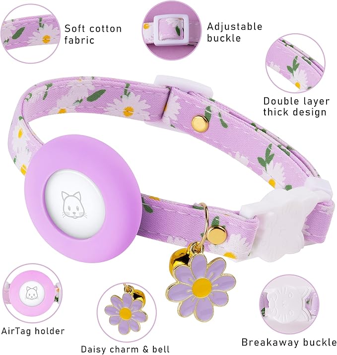 Airtag Cat Collar, JXFUKAL Kitten Collar Breakaway with Silicone Airtag Holder, Bells & Flower Charm for Girl Cats Boy Cats Small Dogs(Purple)