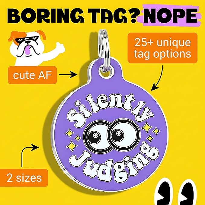 Bad Tags Personalized Dog and Cat ID Tags in 25+ Designs and 2 Sizes - 5 Lines of Custom Engraved Text - Funny Cute Personalized Pet Tags (Silently Judging - Purple, Small (1 inch))