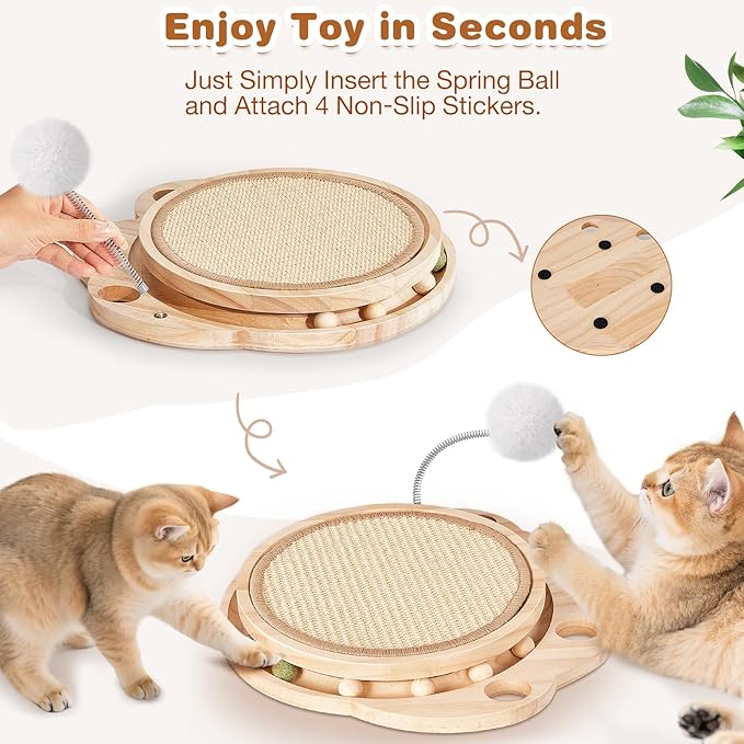 Cat Scratcher-Cat Interactive Toys, Ball Track Toy with Sisal Scratching Pad, 6 Track Balls & 1 Spring Ball – No Assembly Cat Toys and Balls Activity Center for Indoor Cats