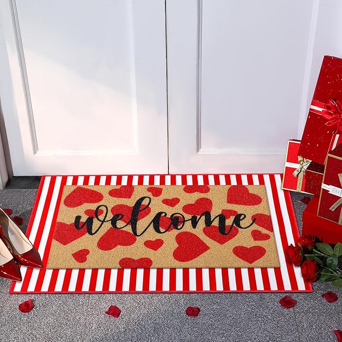 Tinideya 2 Pcs Door Mat Welcome Non Slip Coir Mats Floor Layering Doormats Seasonal for Front Porch Entryway Decor(Heart)