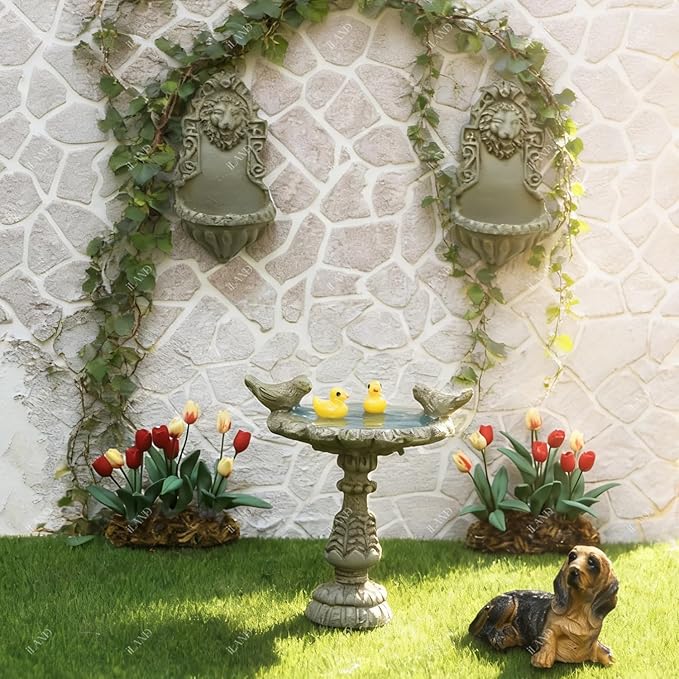 iLAND 1/12 Scale Fairy Garden Accessories Outdoor Miniature Birdbath Fountain & 2 Lion Wall Reliefs Mini Ornaments for Garden Dollhouse Décor Dollhouse Accessories