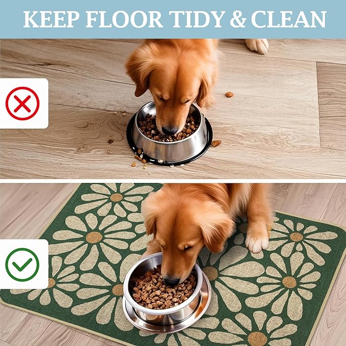 SHIYUE Dog Food Mats for Floors, Absorbent Cat Bowl for Food and Water, Non-Slip Accessories Pet Supplies(17"x30",Forest Green Flower)