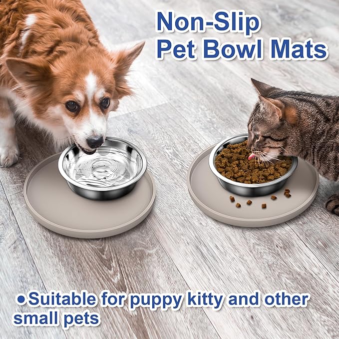 Arespark Cat Food Mat, Set of 2 Nonslip Waterproof Feeding Bowl Silicone Mats with Raised Edges for Food Water Prevent Spills, Round Eating Plates Tray for Dog Cat Puppy Kitten, 8'' x 8''