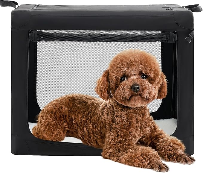Dog Travel Crate 24 Inch, Portable Soft-Sided Travel Carriers for Dogs and Cats, Foldable Pet Kennel with 3-Doors Mesh Windows Indoor & Outdoor, Black
