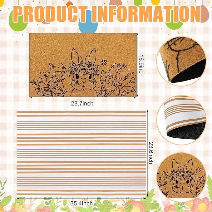 Tinideya 2 Pcs Easter Day Door Mat Welcome Outdoor Non Slip Coir Mats Flower and Bunny Floor Layering Doormats Seasonal for Front Porch Entryway Decor (Easter Bunny)