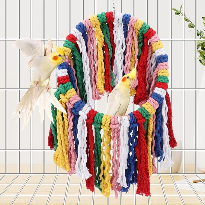 Wontee Bird Rope Chewing Toys Parrot Cage Bite Toys Colorful Hanging Ring Swing Perch for Cockatiel Conure Quaker African Grey Amazon Parrots
