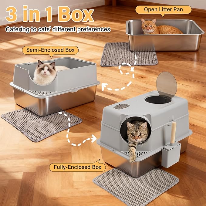 Stainless Steel Litter Box with Lid,XL Large Enclosed Cat Litter Box for Big Cats,Front & Top Entry Metal Litterbox, Odor Control,Anti-Leakage, Non-Sticky, Includes Mat&Scoop,23.8 x 15.8 x 15.8 inches
