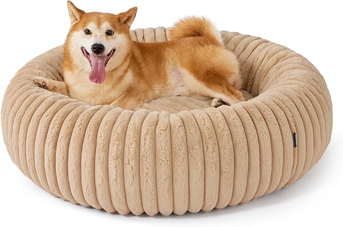Bedsure ComfyFleece™ Donut Large Dog Bed - Washable Faux Fur with Corduroy Fleece & Anti Slip Bottom, Round Pet Bed with Removable Cover, Sandy Beige, 36x36x8 inches