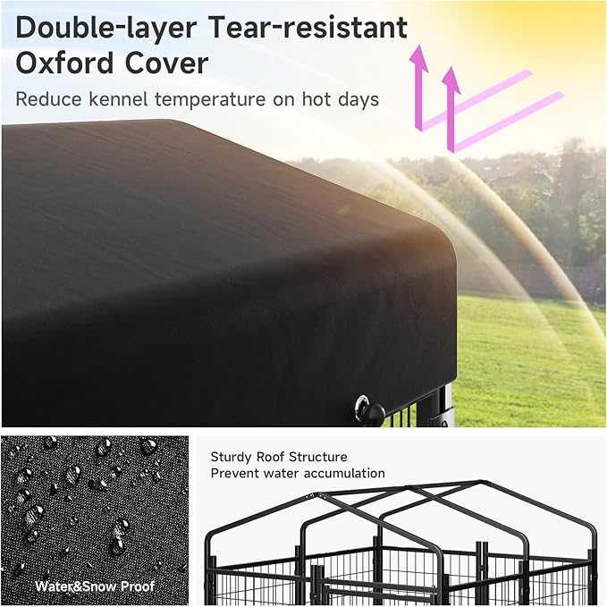 Dog Kennel Outdoor, Outside Dog Kennel with Roof & Swivel Feeders/Removable Doggy Door Allow Connecting Your Dog House, Heavy Duty Dog Run Pen Yard for Medium/Large Dogs (5'L x 5'W x 5'H)