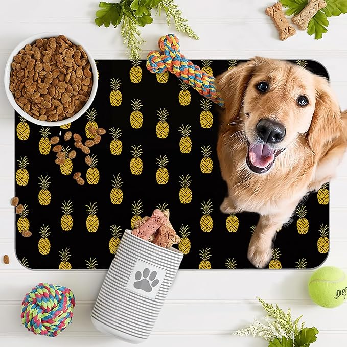 Dog Food Mat for Floors,Pineapple Tropical Absorbent Quick-Dry Pet Feeding Mat,Cat Dog Bowl Mats for Food and Water,Non-Slip Pet Accessories Supplies 12"x20"