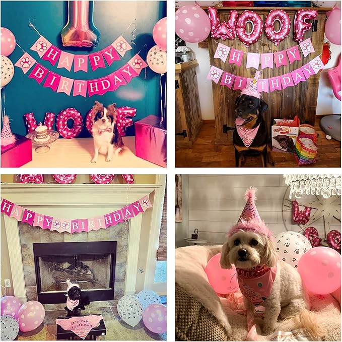 AROIC Dog Birthday Bandana Set, Pet Party Decorations Kit with 2 Bandanas, Fun Pet Birthday Party Decorations for Small Medium Dogs Pets, Cute Puppy Celebration Outfit with Hat, Bow Tie & Balloons