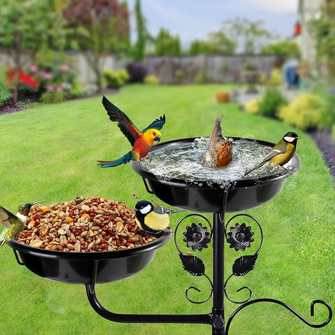 32.7 Inch Metal Bird Bath for Outside, Double Bowls Bird Baths for Outdoors, Freestanding Birdbaths for Outdoors Garden Decor, Bird Feeders Stand for Outdoors with Metal Stake,Garden Decor for Outside
