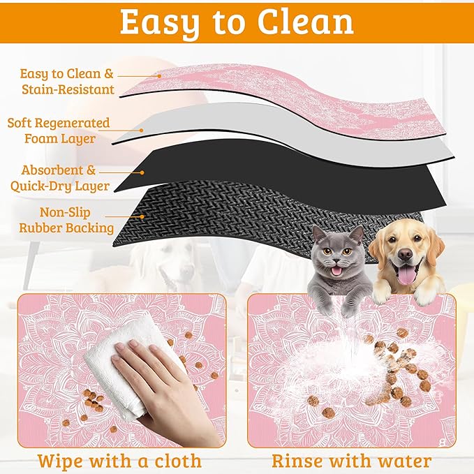 Pet Feeding Mat,Boho Mandala Absorbent Dog Cat Food Mat Pink Flower Dog Mat with Rubber Backing,Non-Slip Water Bowl Placemat,Pet Supplies 12" x 20"