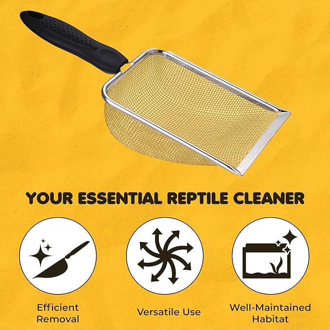 SunGrow Reptile Sand Scoop, Stainless Steel Fine Mesh Net for Lizard, Gecko, Snake Habitat, Substrate and Gravel Sifter, Black Non-Slip Handle Sifter, 11” x 4” x 2”, 1 Pc 