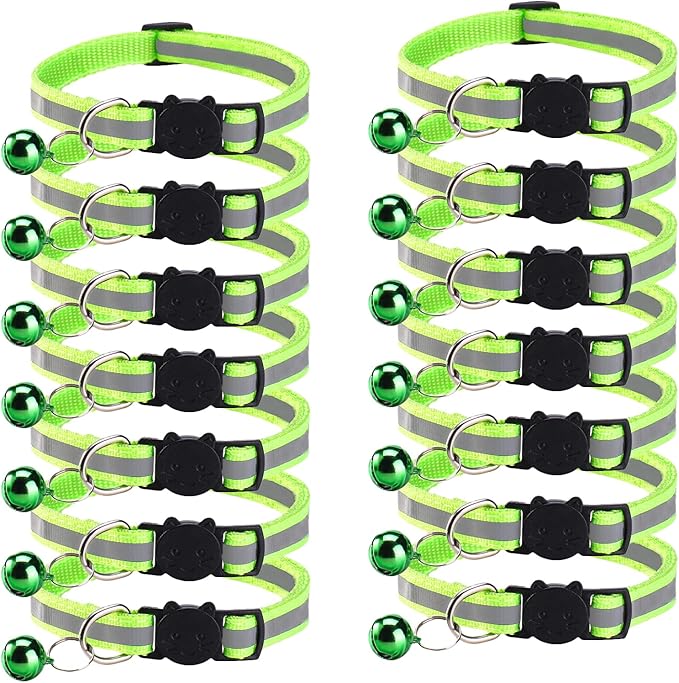 14 Pack Breakaway Cat Collar with Bell, Reflective Kitten Collar for Girl Boy Cats, Safety Buckle Adjustable 7.5-12.5 Inch, 0.4 Inch Width Lightweight, Pet Gifts (Fluorescent Green)