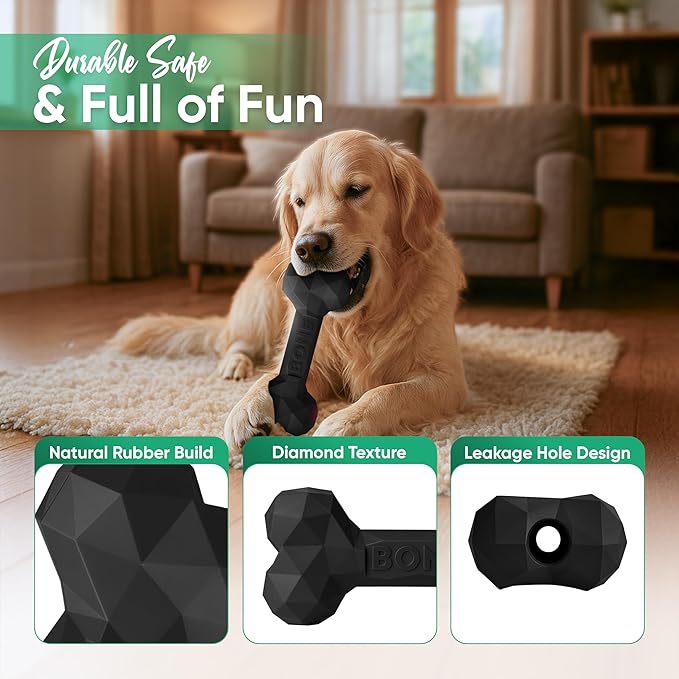 Natural Rubber Dog Chew Bone – Treat-Dispensing, Tough & Indestructible Chew Toy – Safe for Aggressive Chewers – Dental Health & Boredom Relief (Black)
