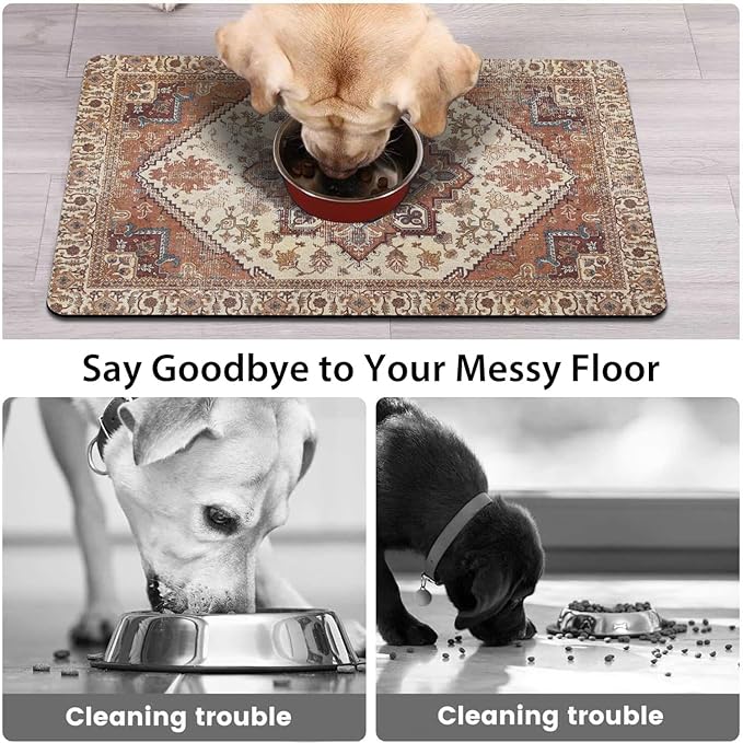 Dog Food Mats for Floors, Absorbent and Quick-Drying Pet Cat Food Mat,Anti-Fouling and Easy-to-Clean Pet Feeding Mat,Dog Bowl Mat for Messy Drinking Water Bowls.17 x32, Bohemia Style