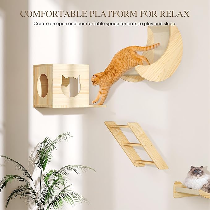 13-in-1 Cat Wall Shelves and Perches, Floating Cat Shelves, Solid Wood Wall Mounted Cat Furniture, Cat Climbing Shelves with Moon Hammock, House, Wall Ladder, Scratching Post and Cat Tunnel