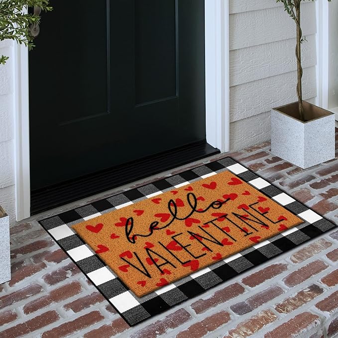 Tinideya 2 Pcs Valentine Door Mat Hello February 14th Welcome Non Slip Coir Mats Red Heart Black and White Plaid Floor Layering Doormats Seasonal for Front Porch Entryway Decor(Valentine)