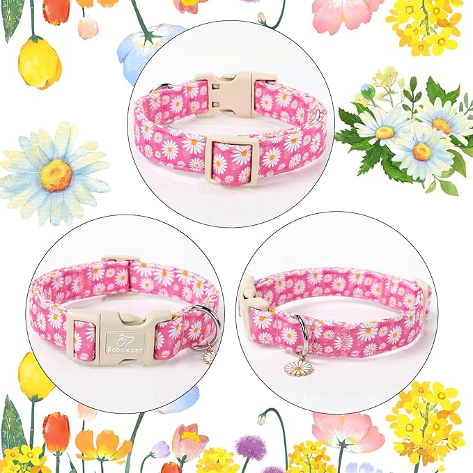 Summer Daisy Dog Collar, Cute Floral Adjustable Pink Dog Collars for Medium Dogs, Lightweight Quick-Release Buckle Collar for Boy&Girl Dogs M