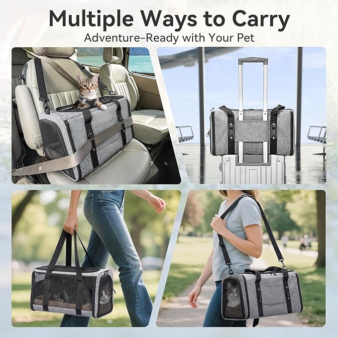 PETSFIT Soft-Sided Cat Carrier with Patented Safety Buckles, Lockable Zippers & Safety Tether,Escape-Resistant Travel Pet Carrier for Car Rides & Vet Visits, Airline Approved Under-Seat, Up to 12 lbs