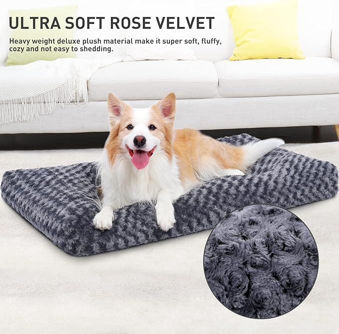 KSIIA Washable Dog Bed Deluxe Plush Dog Crate Beds Comfy Kennel Pad Anti-Slip Pet Sleeping Mat for Large, Jumbo, Medium, Small Dogs Breeds, 47" x 29", Dark Grey