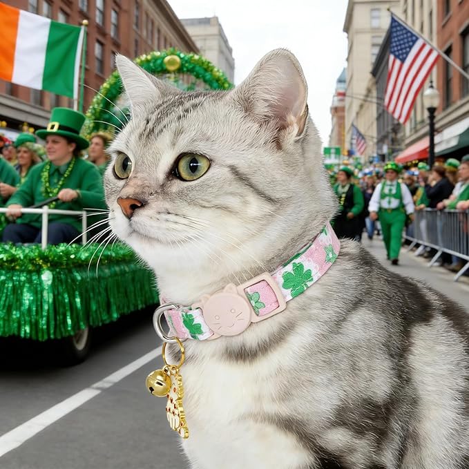 St. Patrick's Cat Collar-2 Pack Collars Pink and Green Four-Leaf Clover&Trefoil Print Breakaway with Kitten and Bell Pendant Safety Buckle Adjustable Pet Collar for Cats and Small Pets