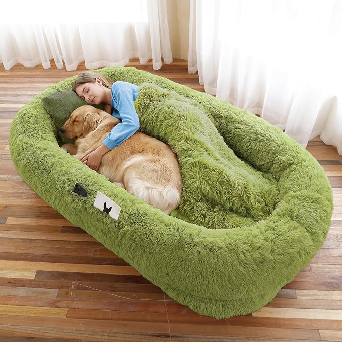 Human Dog Bed, 71''x45''x12'' Size Fits You and Pets, Washable Faux Fur Pet Bed for People Doze Off, Napping Orthopedic Dog Bed, Present Plump Pillow, Blanket, Strap - GrassGreen