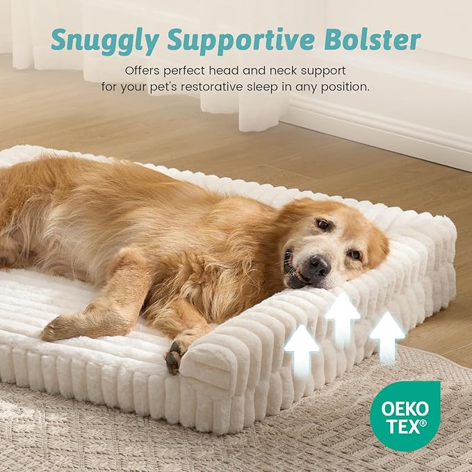 Cute Dog Bed for Extra Large Dogs, Faux Rabbit Fur Orthopedic Foam Dog Bed with Sides, Removable Washable Cover & Waterproof Lining, Comfortable Pet Couch, Cream (48" L x 35" W x 7.5" Th)
