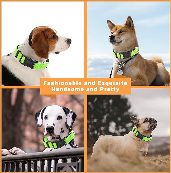2 Pack Reflective Dog Collar with Safety Locking Buckle, Adjustable Soft Breathable Comfortable Nylon Pet Collar for Small, Medium and Large Dogs, Green, M