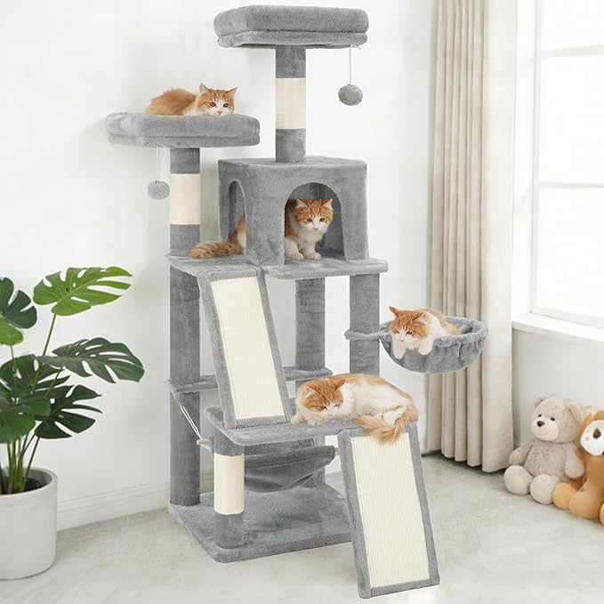 Multi-Level Cat Tree for Indoor Cats, Cat Tower with 2 Scratching Boards, 2 Plush Padding Platforms, Cat Condo House with Hammock, Basket, Light Gray GCT022W