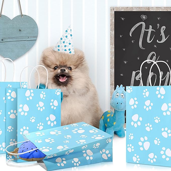 Blulu 20 Pcs Puppy Dog Paw Gift Bags with Paper Twist Handles, Dog Gift Paper Paw Treat Goodie Bags for PET Treat Party Favor, 6.3 x 3.1 x 8.6 Inch(Blue Backing)