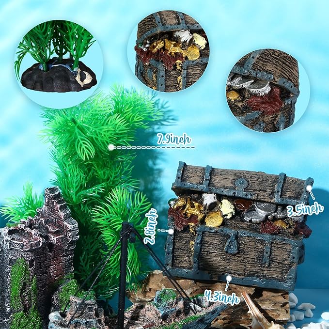 Wenqik Aquarium Decorations Large, Resin Sunken Shipwreck, Undersea Treasure Chest, Ancient Castle Ruins Tunnel House, Simulated Artificial Water Plants, Fish Shrimp Cave Hide for Fish Tank, Safe