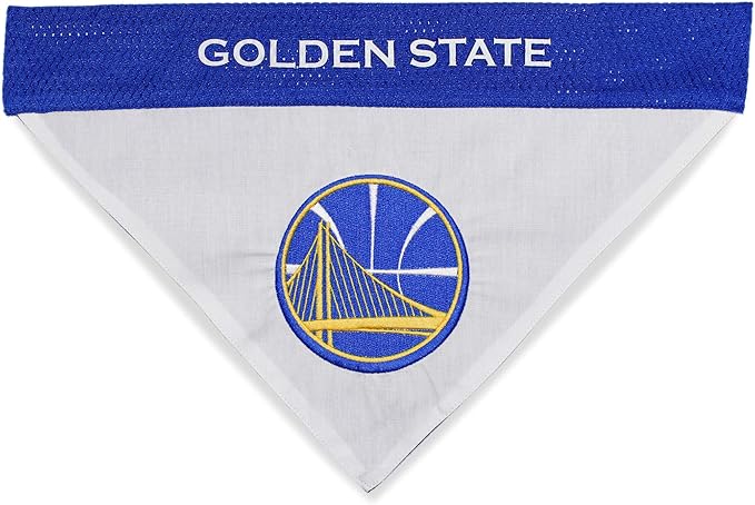 Pets First NBA DOG BANDANA - GOLDEN STATE WARRIORS REVERSIBLE PET BANDANA. 2 Sided HOME & AWAY Sports Bandana with a PREMIUM Embroidery TEAM LOGO, Small/Medium.