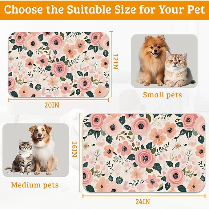 Dog Bowl Mat,Blooming Flowers Pet Feeding Mat for Floors Waterproof,Peonies Roses Absorbent Dogs Placemat for Food and Water Quick Dry Pet Cat Feeding Mats with Non Slip Bottom 12" x 20"