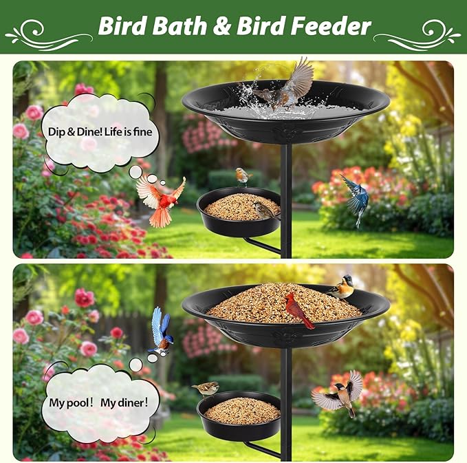 BOLITE Bird Bath for Outside, Metal Freestanding Birdbaths with Bath Bowl and Seed Bowl, Hummingbird Feeders for Outdoors Garden Patio Yard Lawn Decor, Black, Gifts for Mom Dad, Gifts for Women Men