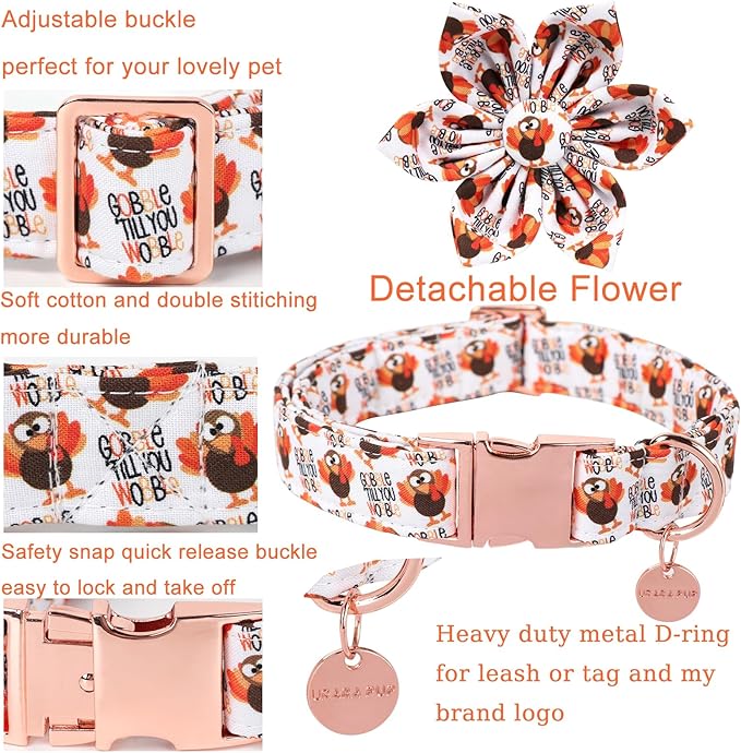 Thanksgiving Dog Collar with Flower, Turkey Cotton Flower Collar for Puppy Girl Dog or Cat, Autumn Flower Collar with Durable Metal Buckle, Thanksgiving Pet Collar, M, Neck 13.5-22in