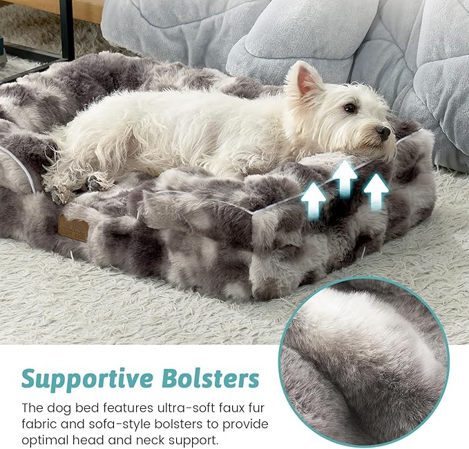 Orthopedic Dog Bed for Large Medium Size Dog, Soft and Warm Faux Fur Sofa for Pet Up to 75 lbs, Foam Bolster Anti-Slip Couch with Washable Removable Cover, L 36x27x6.5 inch, Tie Dye Grey