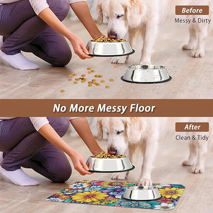 Floral Dog Food Mat for Floors,Cute Mandala Flower Absorbent Quick-Dry Pet Feeding Mat,Cat Dog Bowl Mats for Food and Water,Non-Slip Pet Accessories Supplies 12"x20"