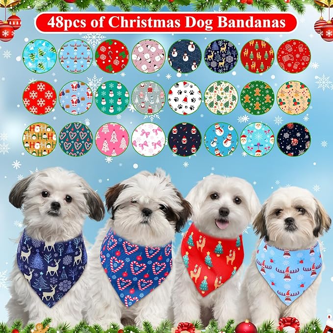 Sanwuta 48 Pcs Christmas Dog Bandanas Bulk Xmas Dog Bandanas Adjustable Snowman Santa Elk Colorful Scarf Handkerchief Bib Accessories for Small Medium Large Breeds Pet Costume Accessories