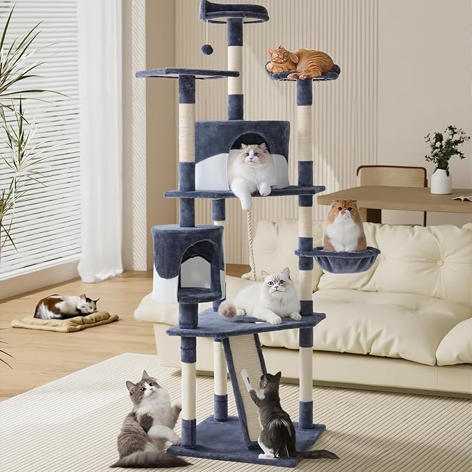 DUMOS Tall 79in Cat Tree Tower, Large Multi Level Cats Climbing Tower with Condo, Natural Sisal Scratching Posts, Extended Platform, Basket, Pet Tree House for Indoor Cats Play, Dark Grey