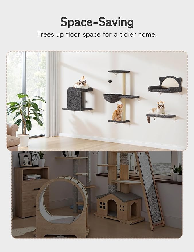 5-in-1 Cat Wall Shelves, Solid Wood & Velvet & Sisal Scratcher, 44lbs Max Load, Wall Mounted Cat Furniture for Climbers, Cat Climbing Wall System, Fits Drywall & Solid Walls - Dark Gray
